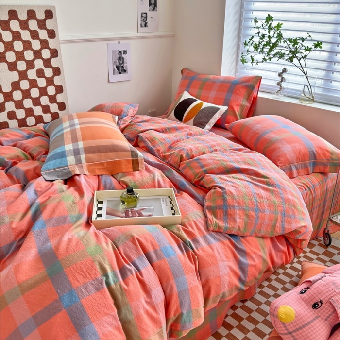 91家纺网 家纺一手货源 找家纺 三沁 2023新款直播纯棉被套四件套全棉色织水洗棉格子简约 彩格桔
