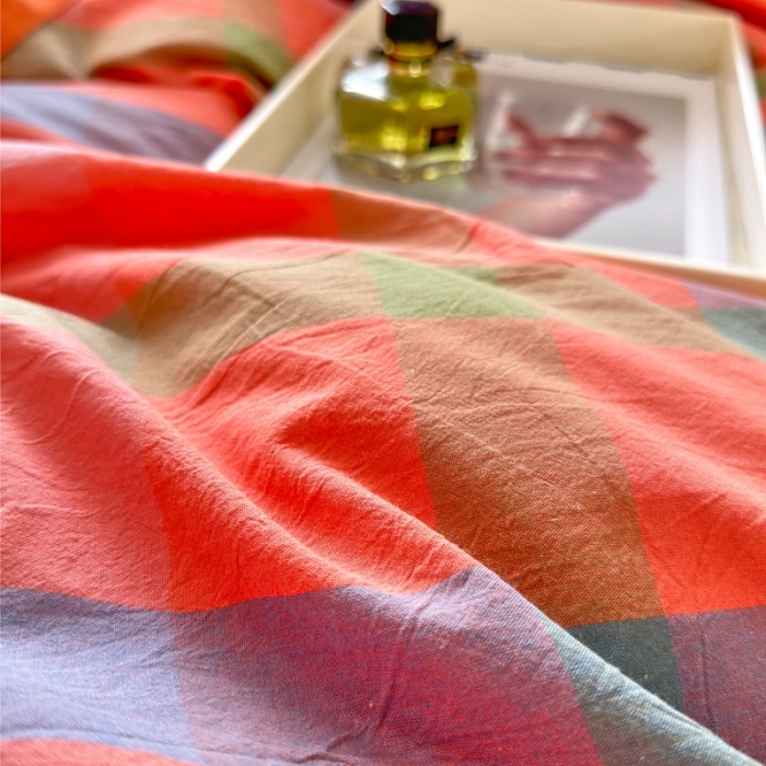 91家纺网 家纺一手货源 找家纺 三沁 2023新款直播纯棉被套四件套全棉色织水洗棉格子简约 彩格桔