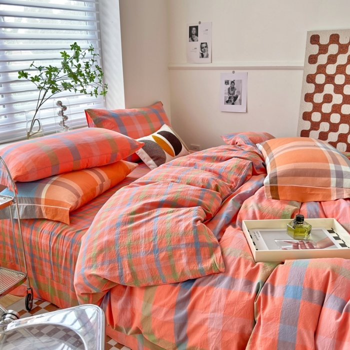 91家纺网 家纺一手货源 找家纺 三沁 2023新款直播纯棉被套四件套全棉色织水洗棉格子简约 彩格桔