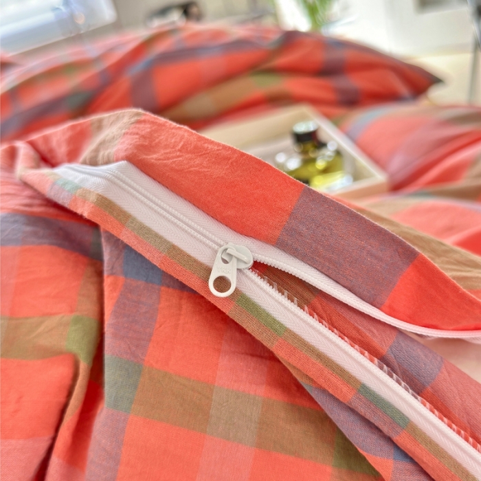 91家纺网 家纺一手货源 找家纺 三沁 2023新款直播纯棉被套四件套全棉色织水洗棉格子简约 彩格桔