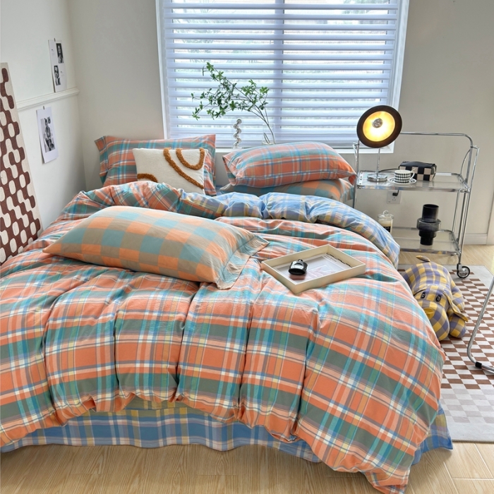 91家纺网 家纺一手货源 找家纺 三沁 2023新款直播纯棉四件套全棉色织水洗棉床单式格子简约被罩花影