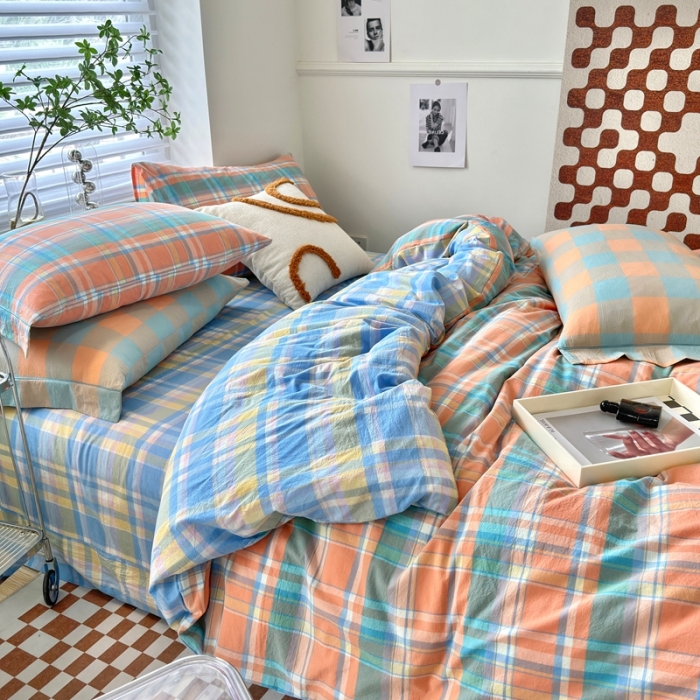 91家纺网 家纺一手货源 找家纺 三沁 2023新款直播纯棉四件套全棉色织水洗棉床单式格子简约被罩花影