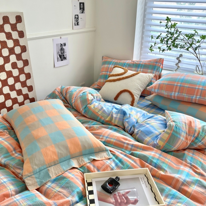 91家纺网 家纺一手货源 找家纺 三沁 2023新款直播纯棉四件套全棉色织水洗棉床单式格子简约被罩花影