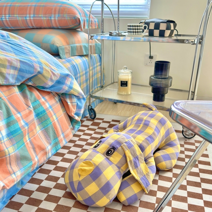 91家纺网 家纺一手货源 找家纺 三沁 2023新款直播纯棉四件套全棉色织水洗棉床单式格子简约被罩花影