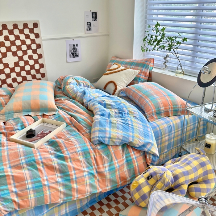 91家纺网 家纺一手货源 找家纺 三沁 2023新款直播纯棉四件套全棉色织水洗棉床单式格子简约被罩花影