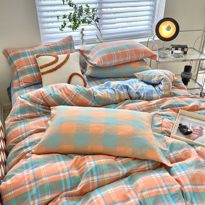 91家纺网 家纺一手货源 找家纺 三沁 2023新款直播纯棉四件套全棉色织水洗棉床单式格子简约被罩花影