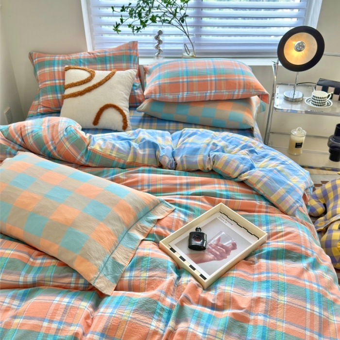 91家纺网 家纺一手货源 找家纺 三沁 2023新款直播纯棉四件套全棉色织水洗棉床单式格子简约被罩花影