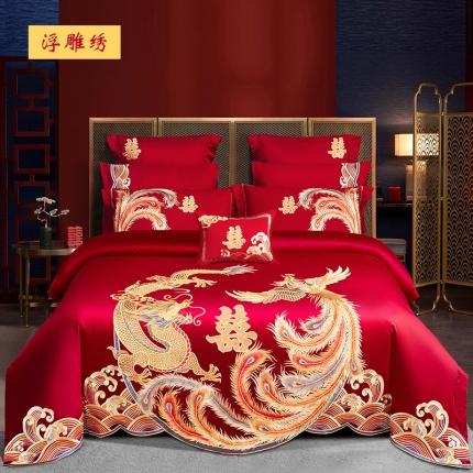 91家纺网 家纺一手货源 找家纺 柏拉图 2023新款100s贡缎长绒棉婚庆四件套多件套新龙飞凤舞