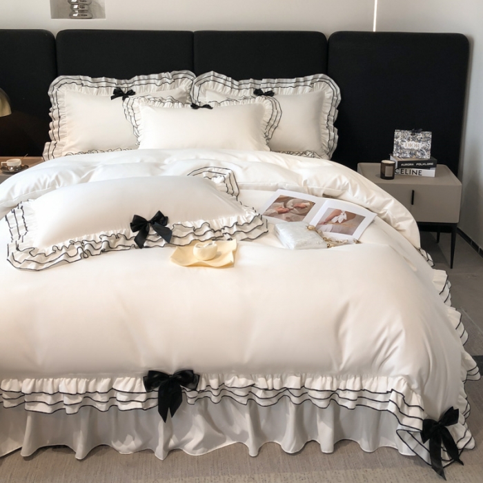 91家纺网 家纺一手货源 找家纺 (总) 乐卧家居 2026新款学院风多层荷叶边蝴蝶结四件套-多巴胺系列