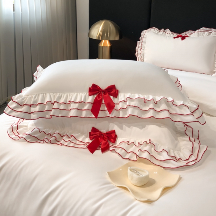 91家纺网 家纺一手货源 找家纺 乐卧家居 2026新款学院风多层荷叶边蝴蝶结四件套-多巴胺系列 多巴胺-红