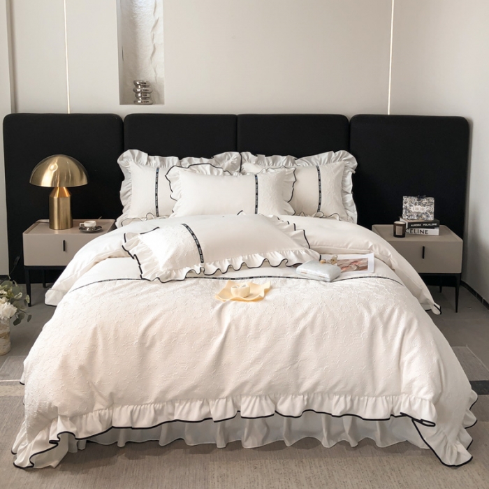 91家纺网 家纺一手货源 找家纺 乐卧家居 2026新款时尚压花撞色织带荷叶边四件套-丽可系列 丽可-白