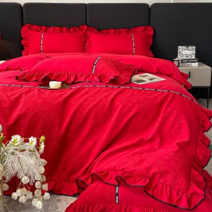 乐卧家居 2026新款时尚压花撞色织带荷叶边四件套-丽可系列 丽可-红