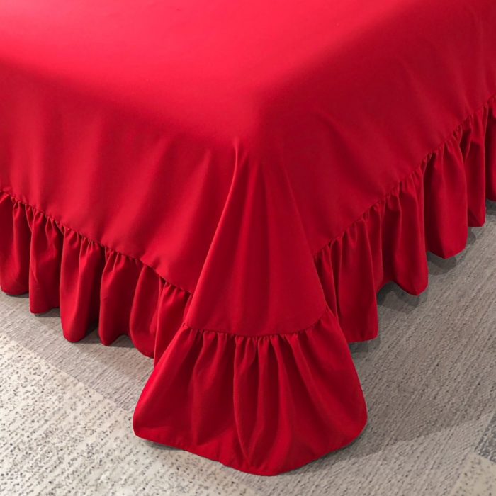 91家纺网 家纺一手货源 找家纺 乐卧家居 2026新款时尚压花撞色织带荷叶边四件套-丽可系列 丽可-红