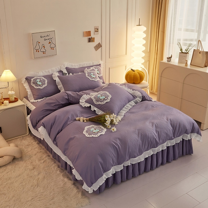 91家纺网 家纺一手货源 找家纺 恋尚 2023新款有机豆豆棉床裙四件套 紫色