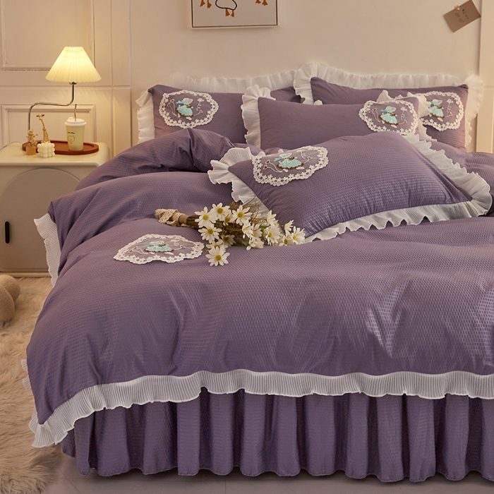 91家纺网 家纺一手货源 找家纺 恋尚 2023新款有机豆豆棉床裙四件套 紫色