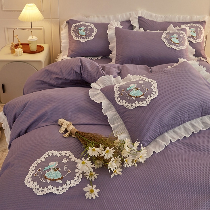 91家纺网 家纺一手货源 找家纺 恋尚 2023新款有机豆豆棉床裙四件套 紫色