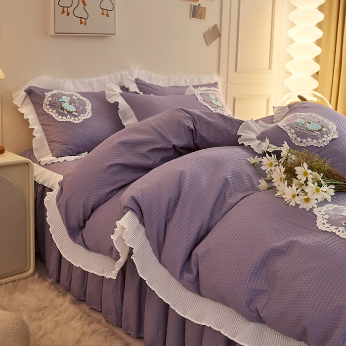 91家纺网 家纺一手货源 找家纺 恋尚 2023新款有机豆豆棉床裙四件套 紫色