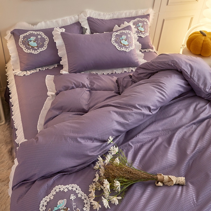 91家纺网 家纺一手货源 找家纺 恋尚 2023新款有机豆豆棉床裙四件套 紫色