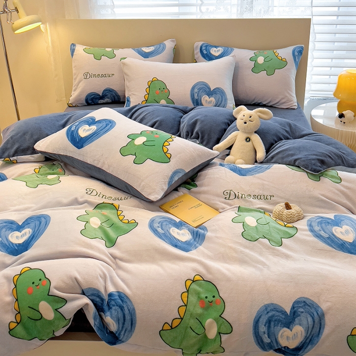 91家纺网 家纺一手货源 找家纺 芃成 2023新款双面牛奶绒印花四件套 爱心恐龙