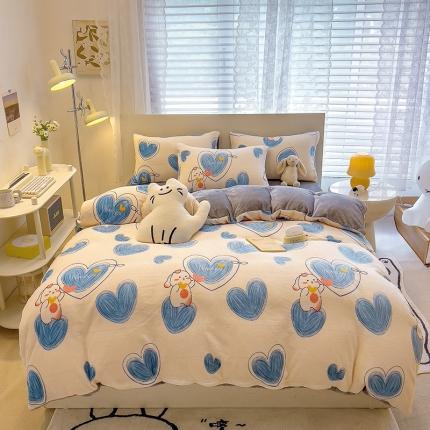 芃成 2023新款双面牛奶绒印花四件套 爱心兔