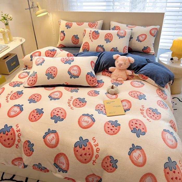 91家纺网 家纺一手货源 找家纺 芃成 2023新款双面牛奶绒印花四件套 草莓奶昔