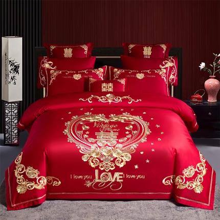 千禧 2023新款婚庆双面100支长绒棉婚庆绣花套件 爱意浓浓