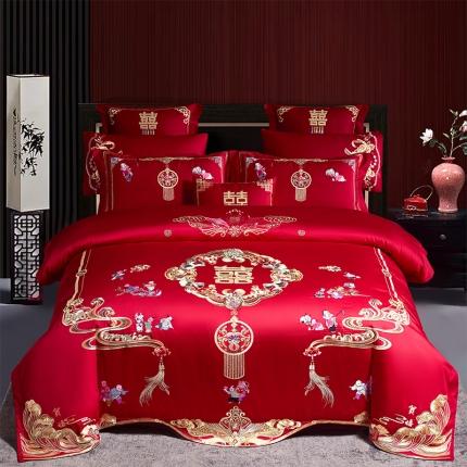 千禧 2023新款婚庆双面100支长绒棉婚庆绣花套件 百子登科