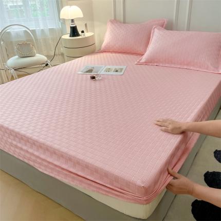 新款A类华夫格泡泡纱刺绣床笠床垫保护套 纯色款-少女粉