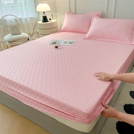 新款A类华夫格泡泡纱刺绣床笠床垫保护套 纯色款-樱花粉