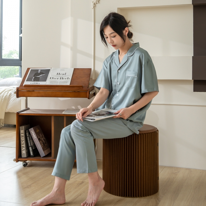 91家纺网 家纺一手货源 找家纺 都市轻奢天丝棉/天丝家居服套装可外穿韩版宽松情侣睡衣 秋波蓝-天丝棉