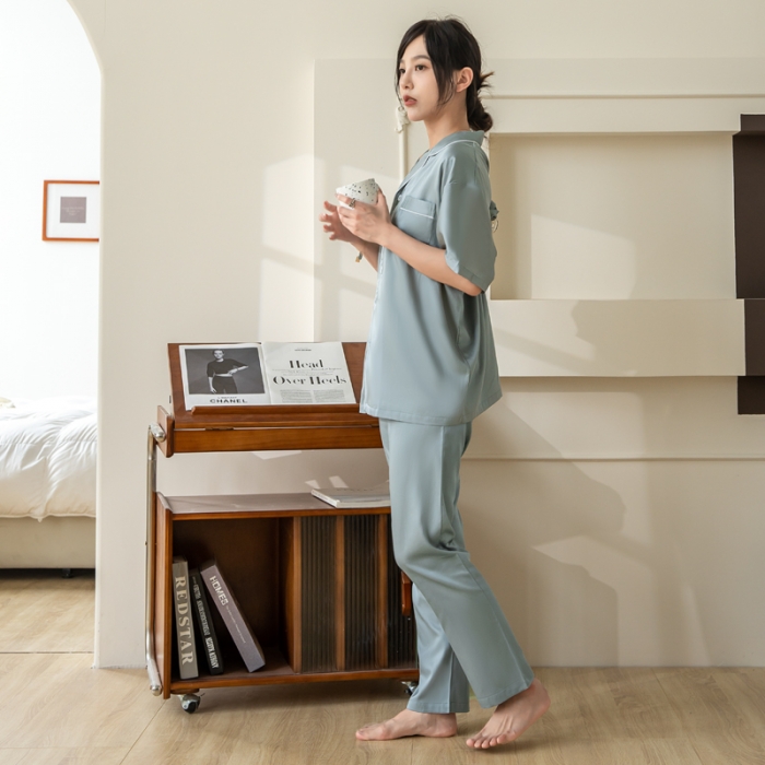 91家纺网 家纺一手货源 找家纺 都市轻奢天丝棉/天丝家居服套装可外穿韩版宽松情侣睡衣 秋波蓝-天丝棉