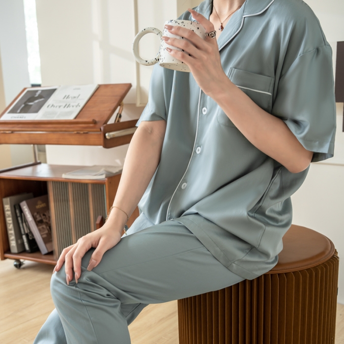 91家纺网 家纺一手货源 找家纺 都市轻奢天丝棉/天丝家居服套装可外穿韩版宽松情侣睡衣 秋波蓝-天丝棉