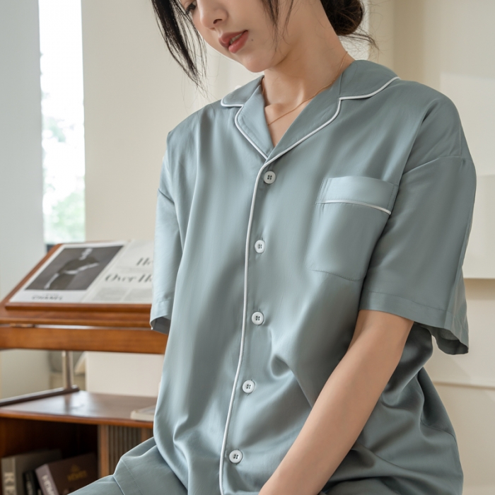 91家纺网 家纺一手货源 找家纺 都市轻奢天丝棉/天丝家居服套装可外穿韩版宽松情侣睡衣 秋波蓝-天丝棉