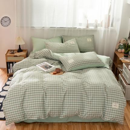 91家纺网 家纺一手货源 找家纺 芷凡 2023新款条纹色织水洗棉四件套 乐趣-绿