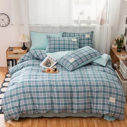 91家纺网 家纺一手货源 找家纺 芷凡 2023新款条纹色织水洗棉四件套 梦想-蓝灰