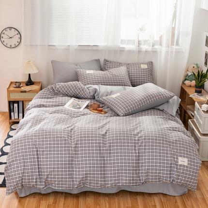 91家纺网 家纺一手货源 找家纺 芷凡 2023新款条纹色织水洗棉四件套 小格-灰