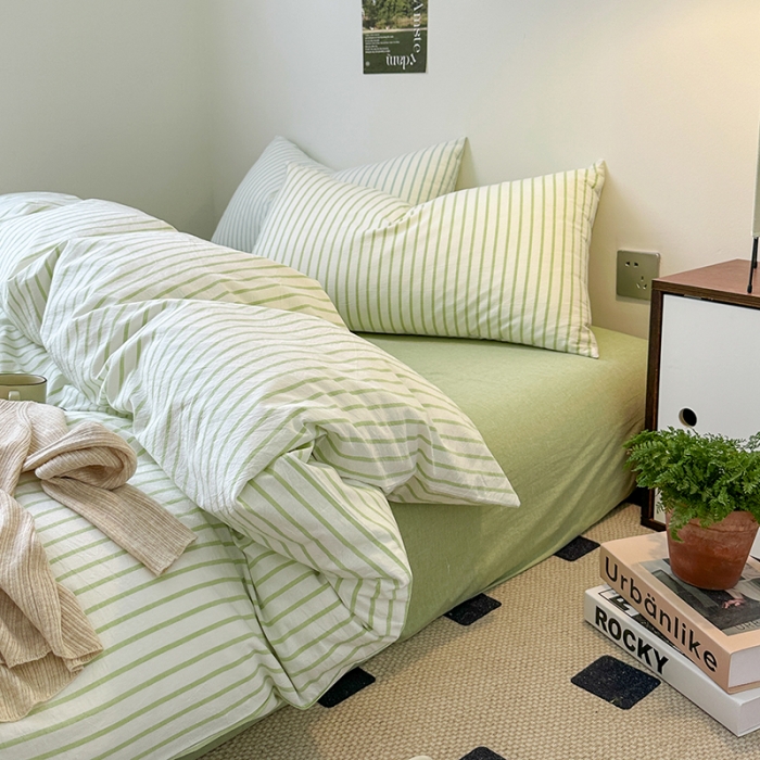 91家纺网 家纺一手货源 找家纺 玖弘 2023新款亲肤水洗条纹四件套 果绿条