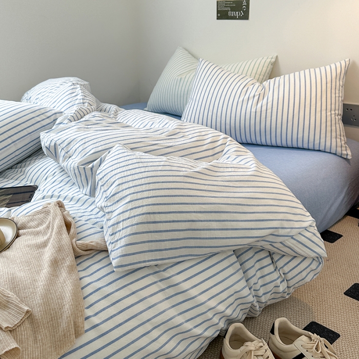91家纺网 家纺一手货源 找家纺 玖弘 2023新款亲肤水洗条纹四件套 蓝灰条