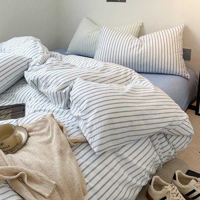 91家纺网 家纺一手货源 找家纺 玖弘 2023新款亲肤水洗条纹四件套 蓝灰条