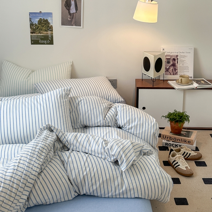 91家纺网 家纺一手货源 找家纺 玖弘 2023新款亲肤水洗条纹四件套 蓝灰条