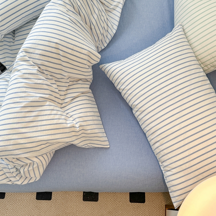 91家纺网 家纺一手货源 找家纺 玖弘 2023新款亲肤水洗条纹四件套 蓝灰条