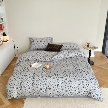 91家纺网 家纺一手货源 找家纺 爱丽丝 2023新款全活性印花全棉a类母婴级针织棉四件套 黑灰中古花卉