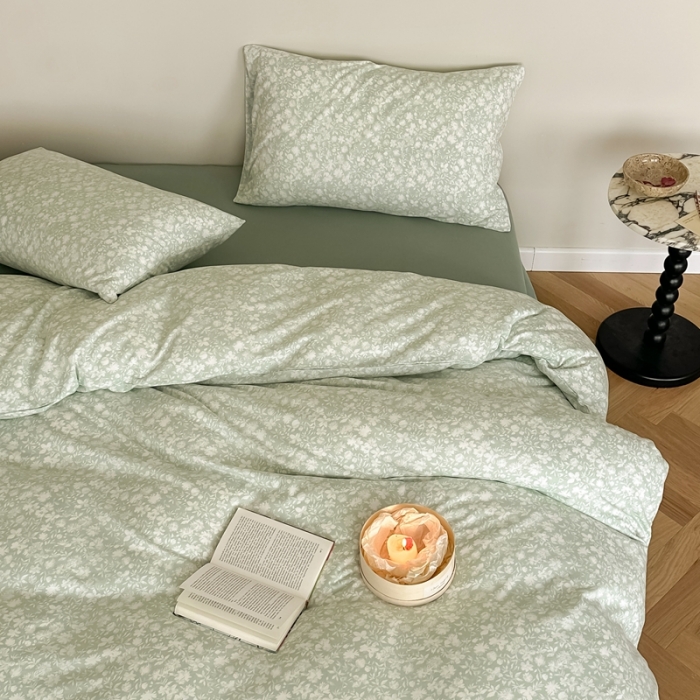 91家纺网 家纺一手货源 找家纺 爱丽丝 2023新款全活性印花全棉a类母婴级针织棉四件套 薄雾清晨（绿）