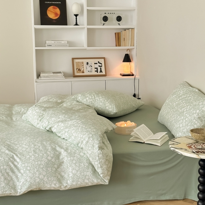 91家纺网 家纺一手货源 找家纺 爱丽丝 2023新款全活性印花全棉a类母婴级针织棉四件套 薄雾清晨（绿）