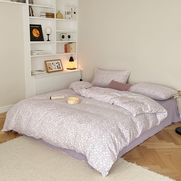 91家纺网 家纺一手货源 找家纺 爱丽丝 2023新款全活性印花全棉a类母婴级针织棉四件套 薄雾清晨（紫）