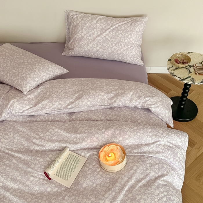 91家纺网 家纺一手货源 找家纺 爱丽丝 2023新款全活性印花全棉a类母婴级针织棉四件套 薄雾清晨（紫）