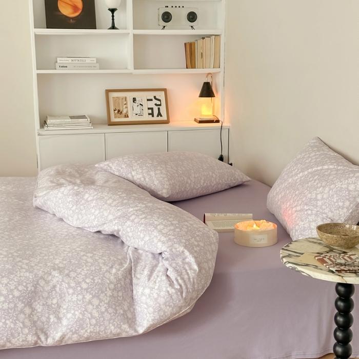 91家纺网 家纺一手货源 找家纺 爱丽丝 2023新款全活性印花全棉a类母婴级针织棉四件套 薄雾清晨（紫）