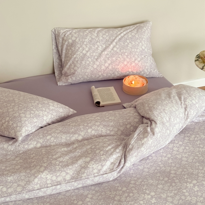 91家纺网 家纺一手货源 找家纺 爱丽丝 2023新款全活性印花全棉a类母婴级针织棉四件套 薄雾清晨（紫）