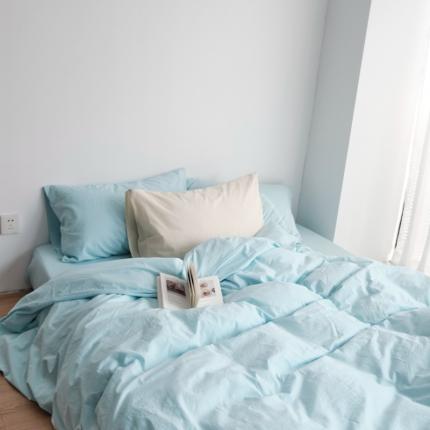 91家纺网 家纺一手货源 找家纺 云上 2023新款全棉水洗棉四件套新款纯色实拍 湖蓝