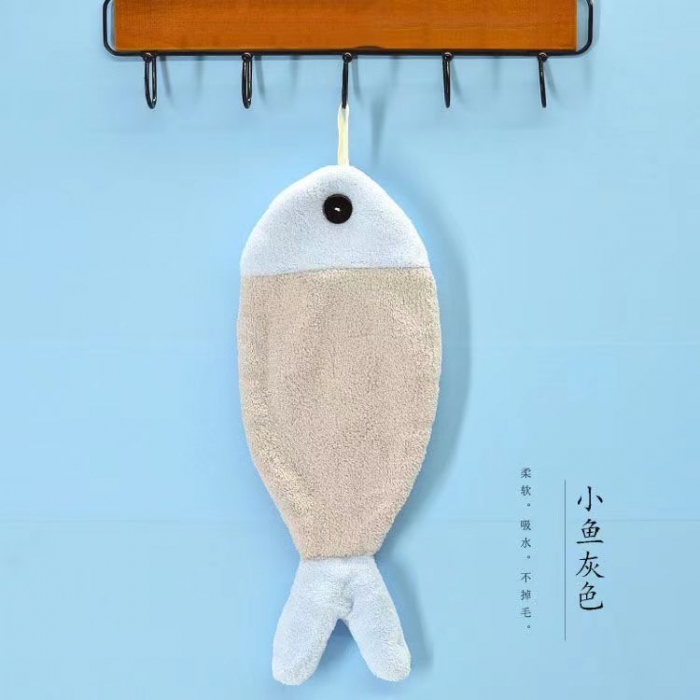 91家纺网 家纺一手货源 找家纺 双梦卡通创意咸鱼珊瑚绒加厚速干可挂式擦手巾学生儿童挂巾 小鱼灰色